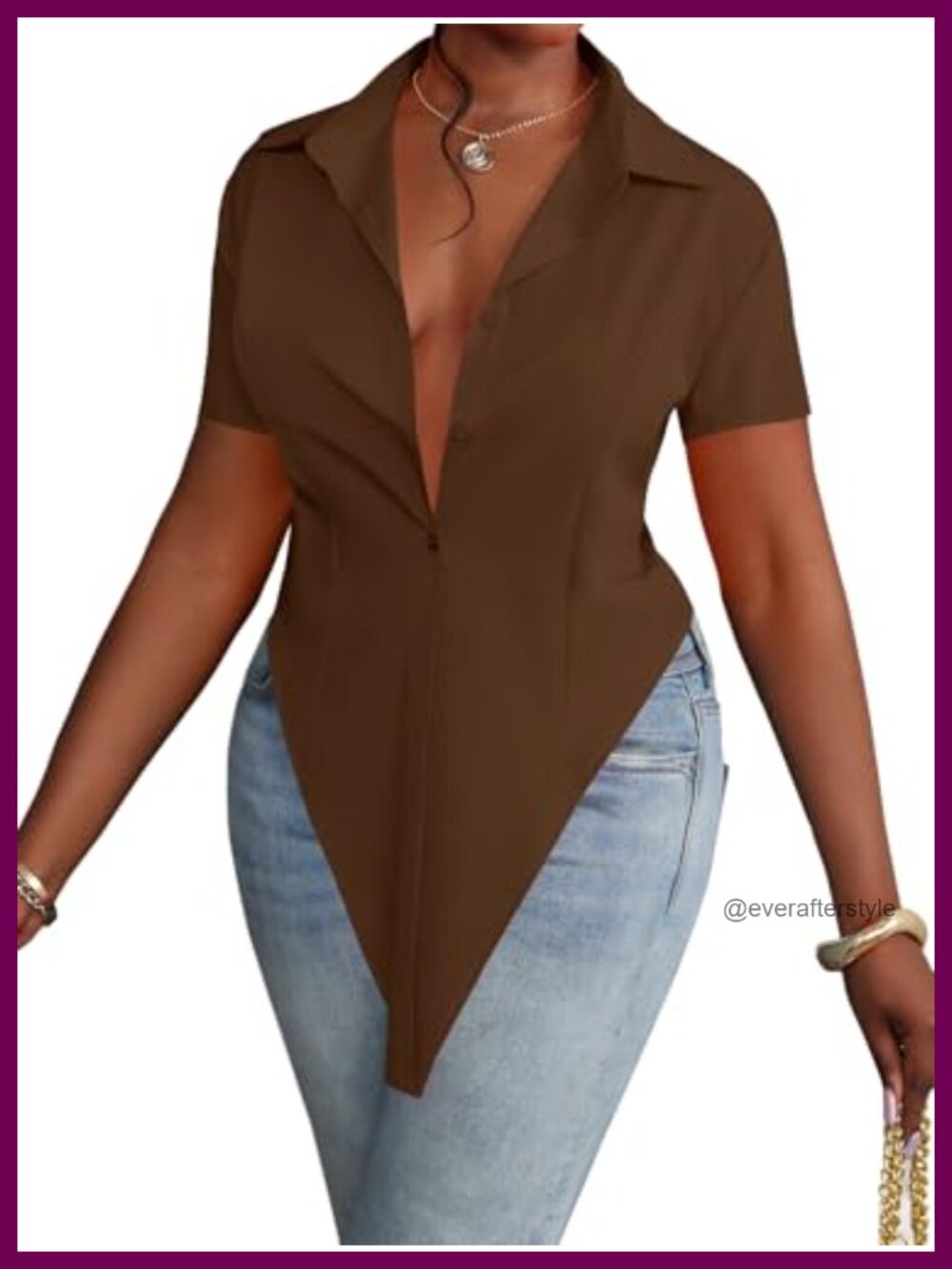 Women's V-Neck Collar Button Front Tunic Top Short Sleeve